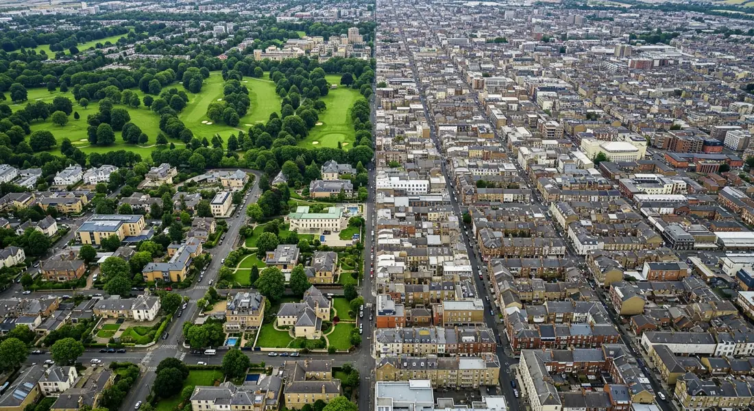 Split aerial — green suburb vs dense urban grid