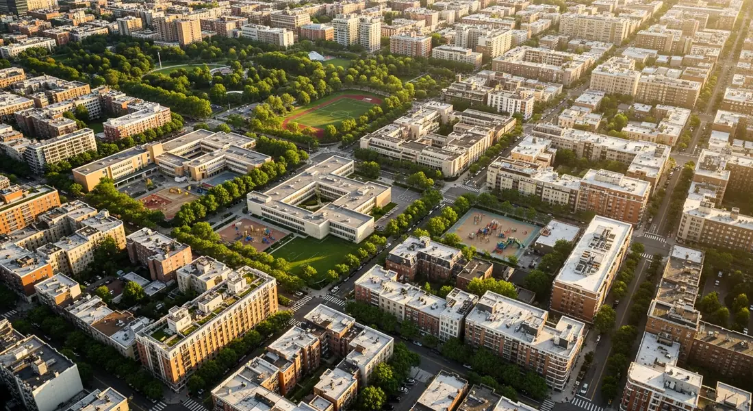 Aerial of planned city — same density, different configurations